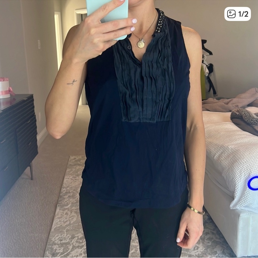 J. Crew Navy Sleeveless Pintuck Blouse